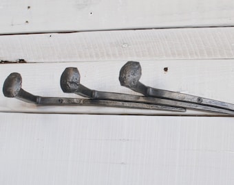 Wall Coat Rack, Modern Metal Hooks, 3 Hand-forged Railroad Spike Coat Hooks