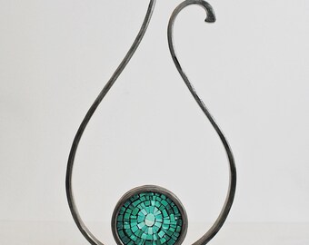 Modern Steel and Green Turquoise Glass Tabletop Sculpture