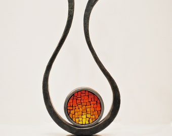 Modern Steel and Red Glass Tabletop Sculpture