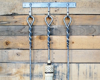 Hand-Forged Fireplace Tool Set: Steel Poker, Broom & Shovel with Wall Bracket