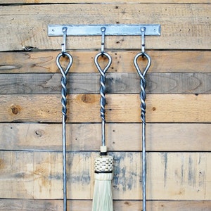 Hand-Forged Fireplace Tool Set: Steel Poker, Broom & Shovel with Wall Bracket