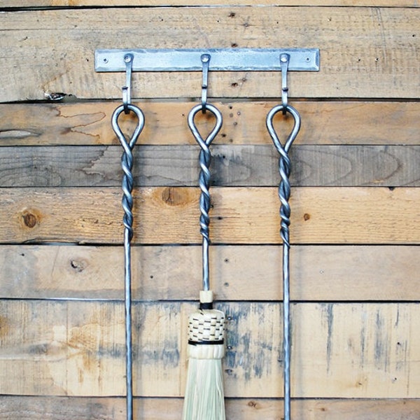 Three-piece INTERIOR Fire Tool Set with Wall Bracket, Hand-forged Indoor Fire Poker/ Broom/ Shovel, Made to Order