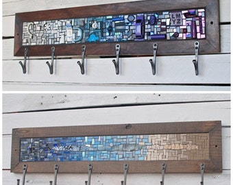 Large 30" Custom Coat Rack with 6 Hand-forged Hooks, Choose Your Mosaic Colors