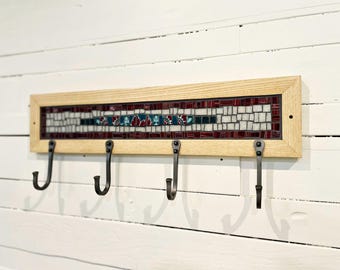 Maroon Teal White Mosaic Coat Rack, Hand-Forged Hooks, Reclaimed Wood Entryway Organizer