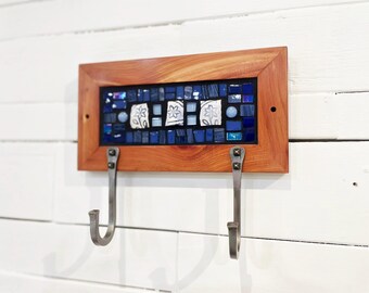 Coat Rack, Small Entryway Wall Hooks, Cornflower Blue Mosaic and Two Hand-forged Hooks