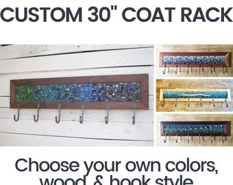 Large Custom Mosaic Coat Rack-- Choose Your Own Colors, 6 Hand-Forged Hooks, Reclaimed Wood Frame