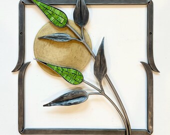 Bamboo Leaf Steel and Glass Wall Sculpture