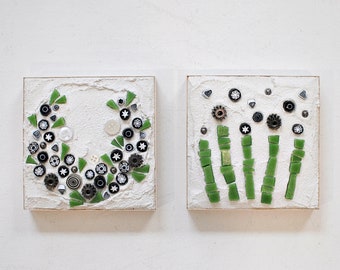 Set of 2 Original Miniature Floral Wall Art in Green, Black, and White