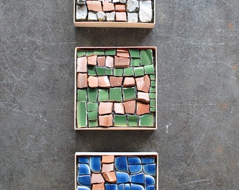 Set of 3 Wall Art, Original Abstract Mosaic Artwork in Cool Tones and Terracotta