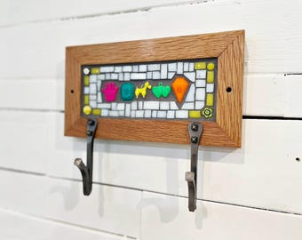 Mosaic Coat Rack in Reclaimed Oak Frame with Forged V-Hooks