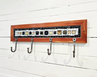 Black and White Mosaic Coat Rack, Reclaimed Wood Frame, Hand-Forged Hooks