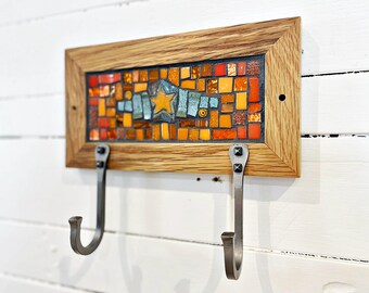 Small Entryway Wall Hooks with Orange Mosaic and Two Hand-forged Hooks