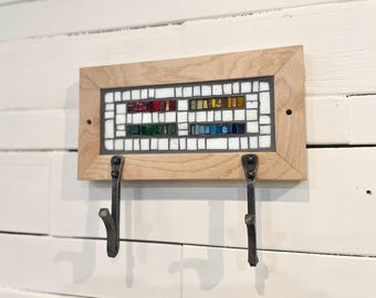 Key Rack, 9" Entryway Wall Hooks, White Mosaic and Two Hand-forged Hooks in Maple Frame