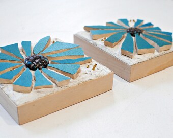 Set of 2 Tiny Original Modern Floral Wall Art in Teal Blue and White