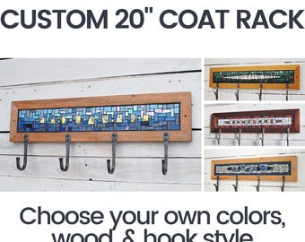 Custom Mosaic Coat Rack-- Choose Your Own Colors, 4 Hand-Forged Hooks, Reclaimed Wood Frame
