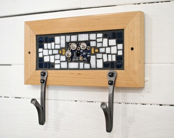 9" Entryway Wall Hooks with White and Blue Tech-themed Mosaic and Two Hand-forged Hooks