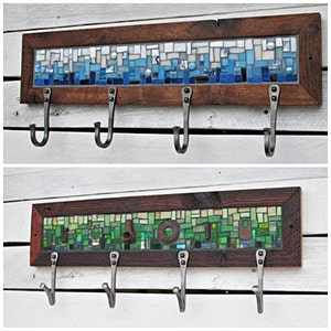 Four Hook Custom Entryway Wall Coat Rack, Choose Your Mosaic Colors, Hand-forged Hooks