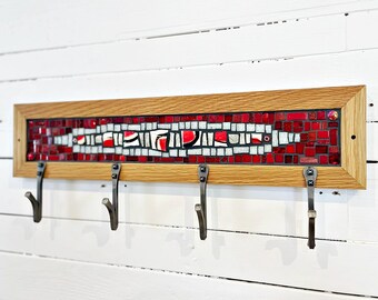 Wall Coat Rack, Red White Black Mosaic, Hand-Forged Hooks, Reclaimed Oak Frame