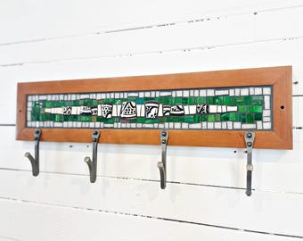 Entryway Coat Rack with Green and White Mosaic and Four Hand-forged Hooks