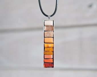 2" Rectangular Pendant Necklace, Orange Mosaic Pendant