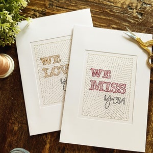 Te amamos, Te extrañamos tarjeta de felicitación bordada / pensando en tu tarjeta / tarjeta de cumpleaños para ella / en mis pensamientos / nota rápida / bondad
