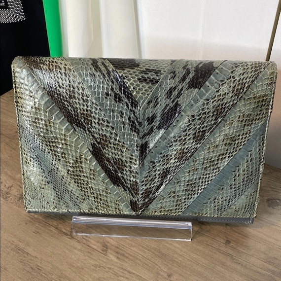 Vintage Snakeskin Python Pattern Clutch - Green a… - image 1