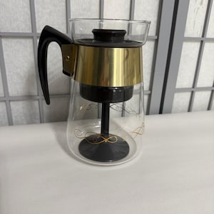 Vintage MCM Gold Accent Glass Coffee Pot Percolator with Black Handle