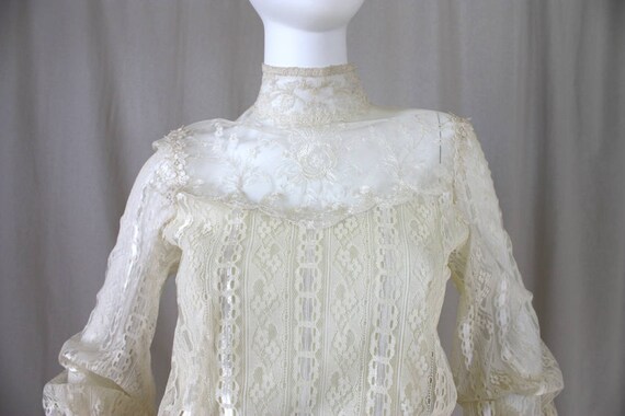 70s Ivory Lace Illusion Victorian Poet Sleeve Max… - image 3