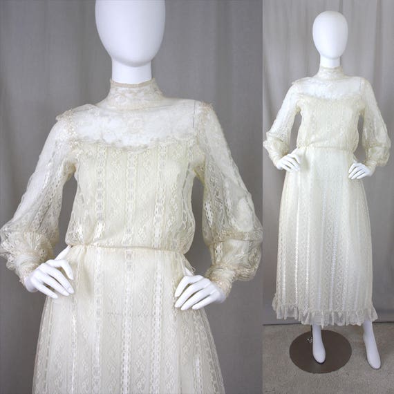 70s Ivory Lace Illusion Victorian Poet Sleeve Maxi