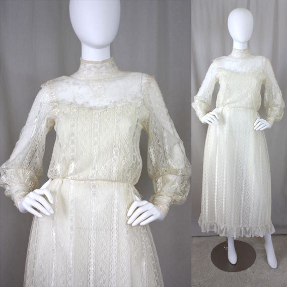 70s Ivory Lace Illusion Victorian Poet Sleeve Max… - image 1