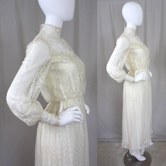 70s Ivory Lace Illusion Victorian Poet Sleeve Max… - image 10