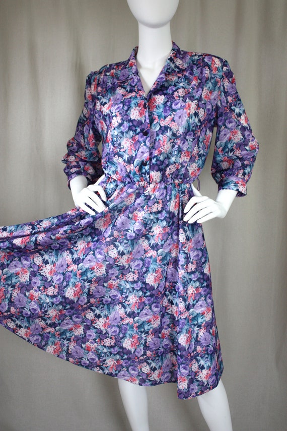 Vintage 80s Purple & Pink Floral Midi Swing Day D… - image 5