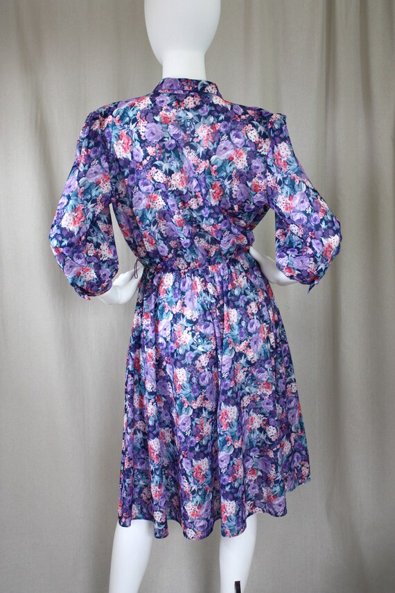 Vintage 80s Purple & Pink Floral Midi Swing Day D… - image 9