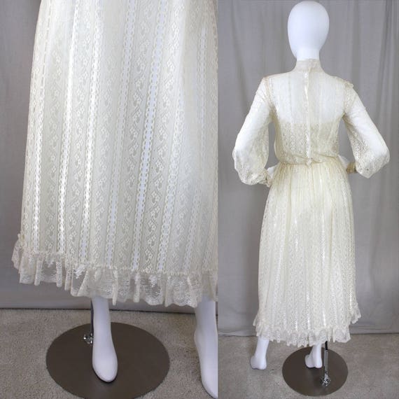 70s Ivory Lace Illusion Victorian Poet Sleeve Max… - image 8