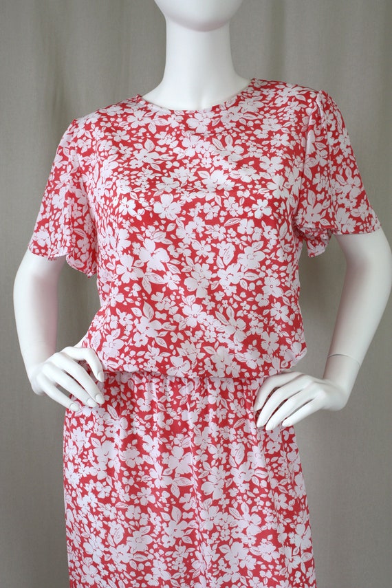 Vintage Coral Pink & White Floral Midi Dress | Sm… - image 2
