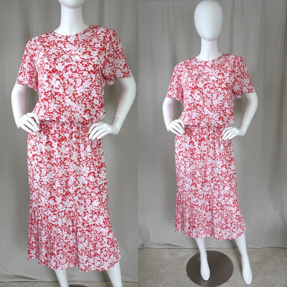 Vintage Coral Pink & White Floral Midi Dress | Sm… - image 1
