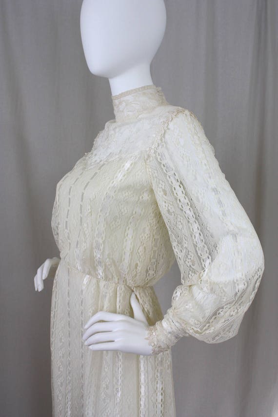 70s Ivory Lace Illusion Victorian Poet Sleeve Max… - image 5