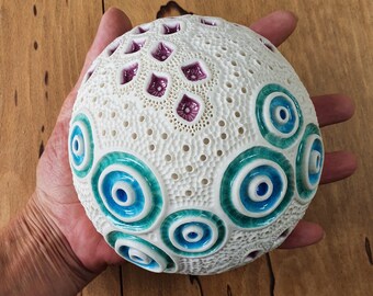 Large porcelain pod with fused glass for table or wall. Nature sea ocean inspired home decor