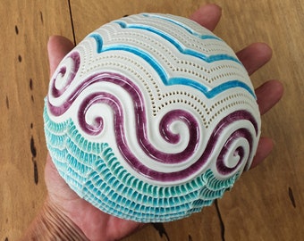 Large porcelain pod with fused glass for table or wall. Nature sea ocean inspired home decor