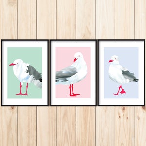 Bird Art Print Set, Set of 3 Seagull Prints, Bird Paintings, Coastal Decor, Ocean Birds Art, A1 Bird Printable, Set of 3 Wall Art, Seagulls image 1