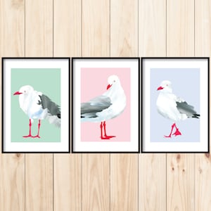 Bird Art Print Set, Set of 3 Seagull Prints, Bird Paintings, Coastal Decor, Ocean Birds Art, A1 Bird Printable, Set of 3 Wall Art, Seagulls