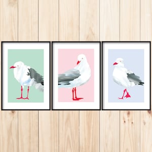 Bird Art Print Set, Set of 3 Seagull Prints, Bird Paintings, Coastal Decor, Ocean Birds Art, A1 Bird Printable, Set of 3 Wall Art, Seagulls image 1