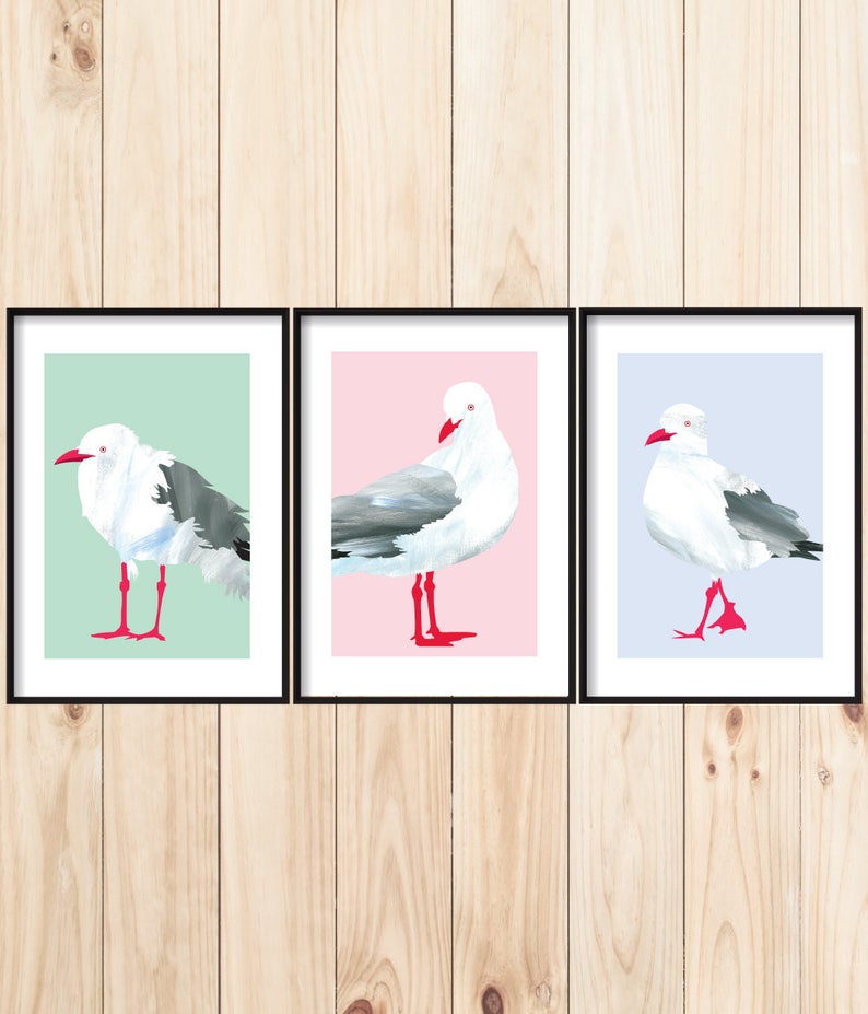 Bird Art Print Set, Set of 3 Seagull Prints, Bird Paintings, Coastal Decor, Ocean Birds Art, A1 Bird Printable, Set of 3 Wall Art, Seagulls image 1