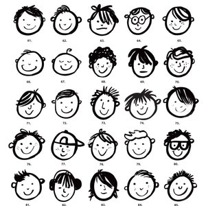May include: Black and white line drawings of 25 different faces. Each face has a unique hairstyle and expression. The faces are numbered 61 through 85.