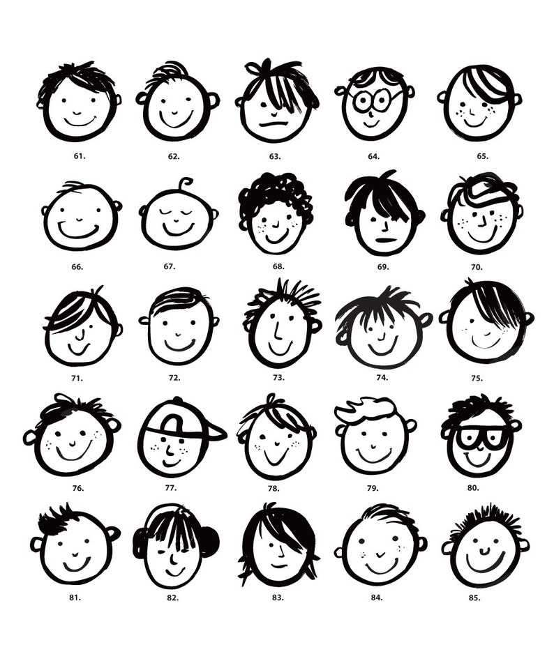 May include: Black and white line drawings of 25 different faces. Each face has a unique hairstyle and expression. The faces are numbered 61 through 85.