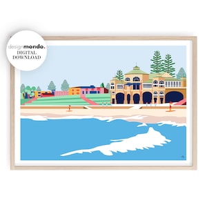 Australian Beach Pobierz wydruk, Cottesloe Beach Wall Art, Western Australia Printable, Aussie Beach Illustration, Beach Print Tropical Art