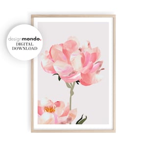 May include: A digital art print featuring a pink peony flower with a light gray background. The flower is painted in a watercolor style with soft, delicate strokes.