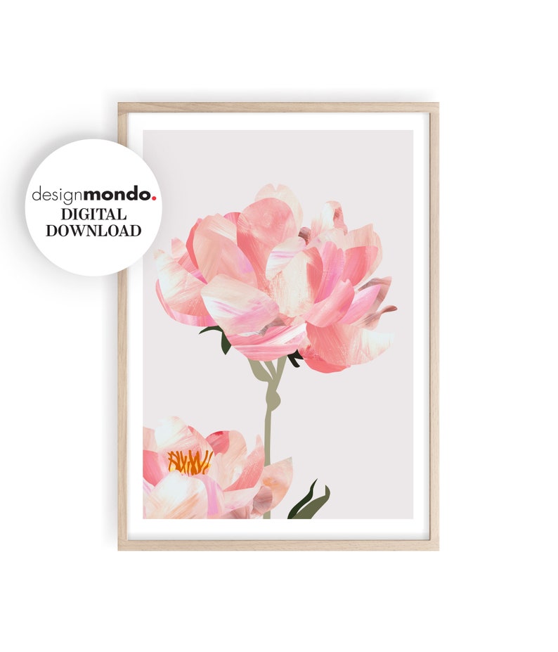 May include: A digital art print featuring a pink peony flower with a light gray background. The flower is painted in a watercolor style with soft, delicate strokes.