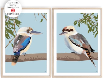 Conjunto de 2 estampas Kookaburras, downloads de Kookaburras, arte de parede de Kookaburras para impressão, estampas de pássaros nativos australianos, conjunto de estampas Kookaburras,