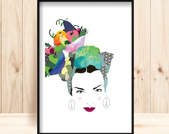 Impressão de Carmen Miranda, arte para impressão, download de ilustração digital, retrato de Carmen Miranda, frutas tropicais para impressão, arte de parede da cultura pop